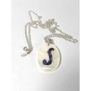 Lee Sands J Pendant Necklace Silver Tone Mother Of Pearl Shell Mosaic 30”